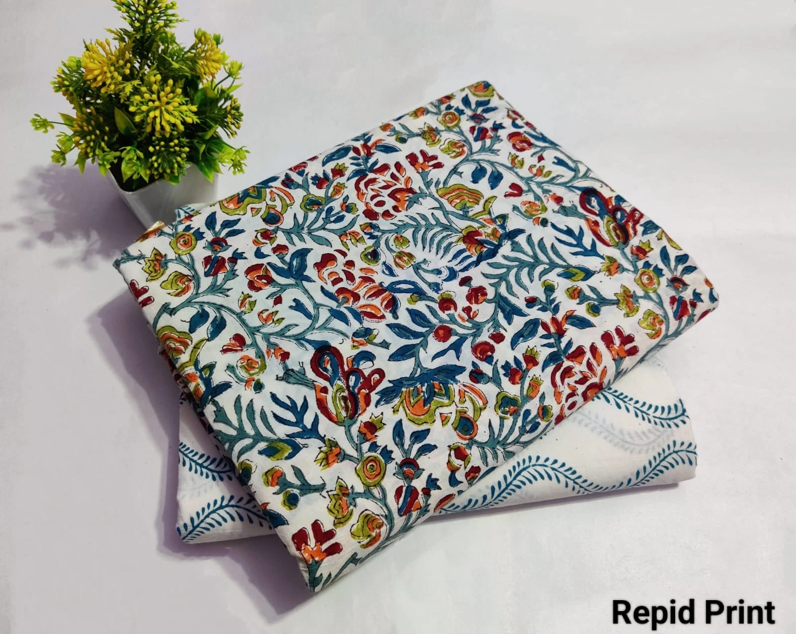 Women’s White Floral Hand Block Printed Cotton Dress Material view 1