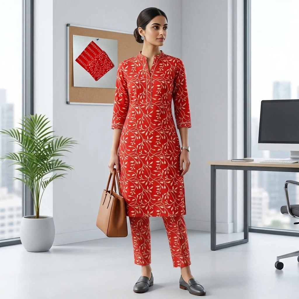 Women's Red Floral Vine Hand Block Printed Cotton Dress Material view 3