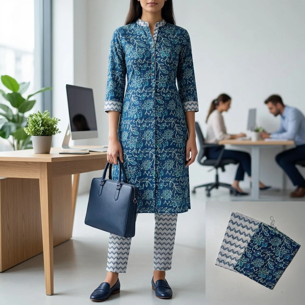 Women's Deep Blue Floral Hand Block Printed Cotton Dress Material view 2
