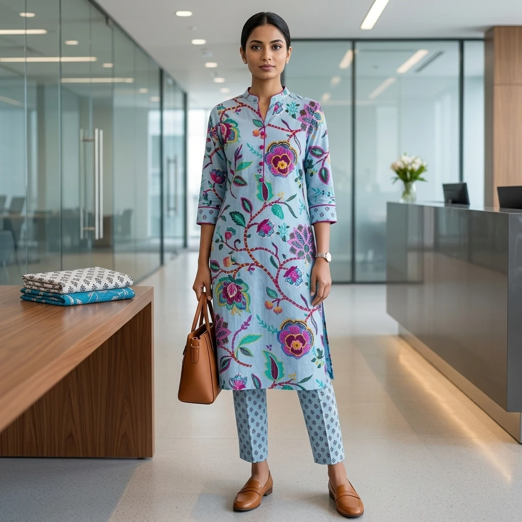 Women's Pastel Blue Floral Hand Block Printed Cotton Dress Material view 3