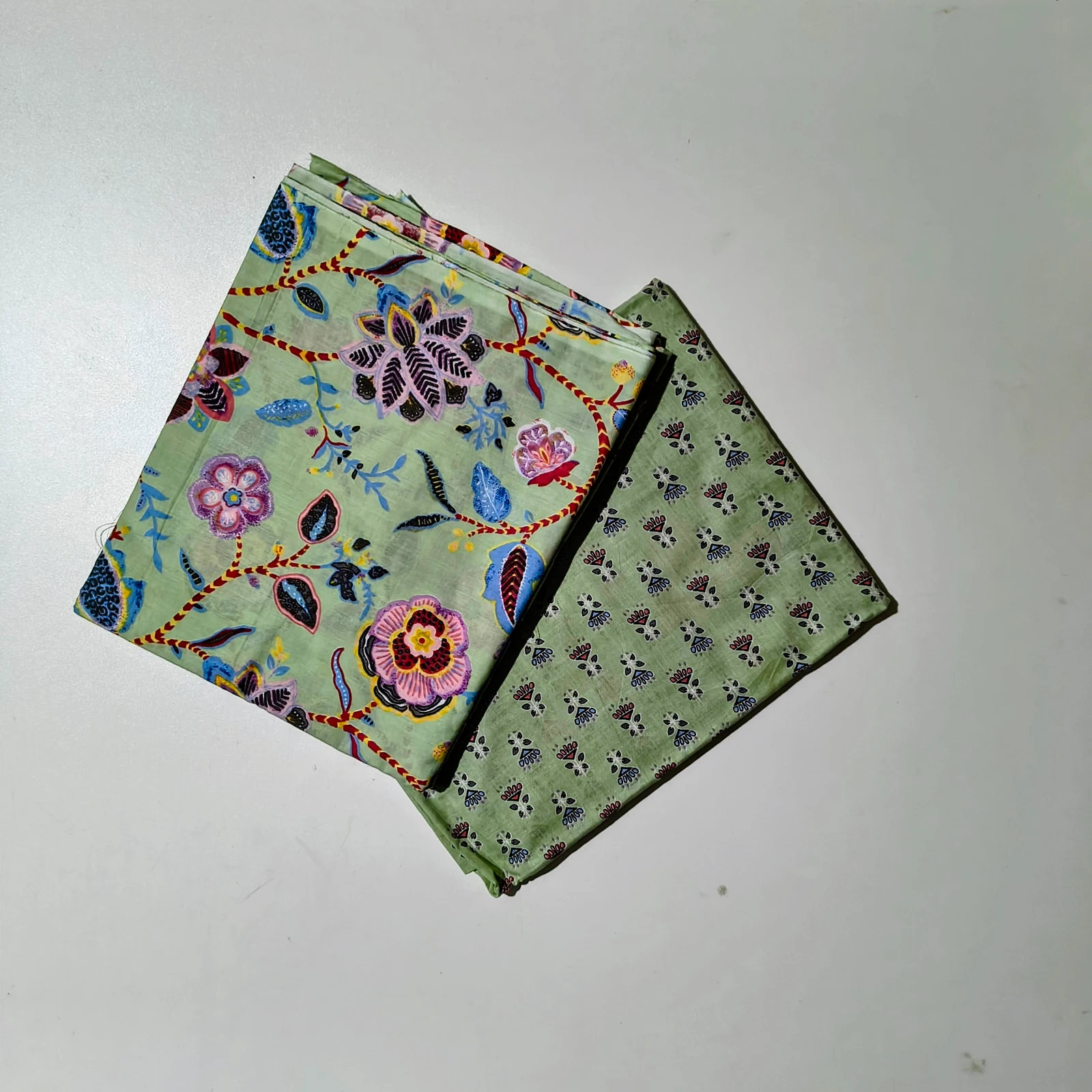 Women's Pastel Green Floral Hand Block Printed Cotton Dress Material view 2