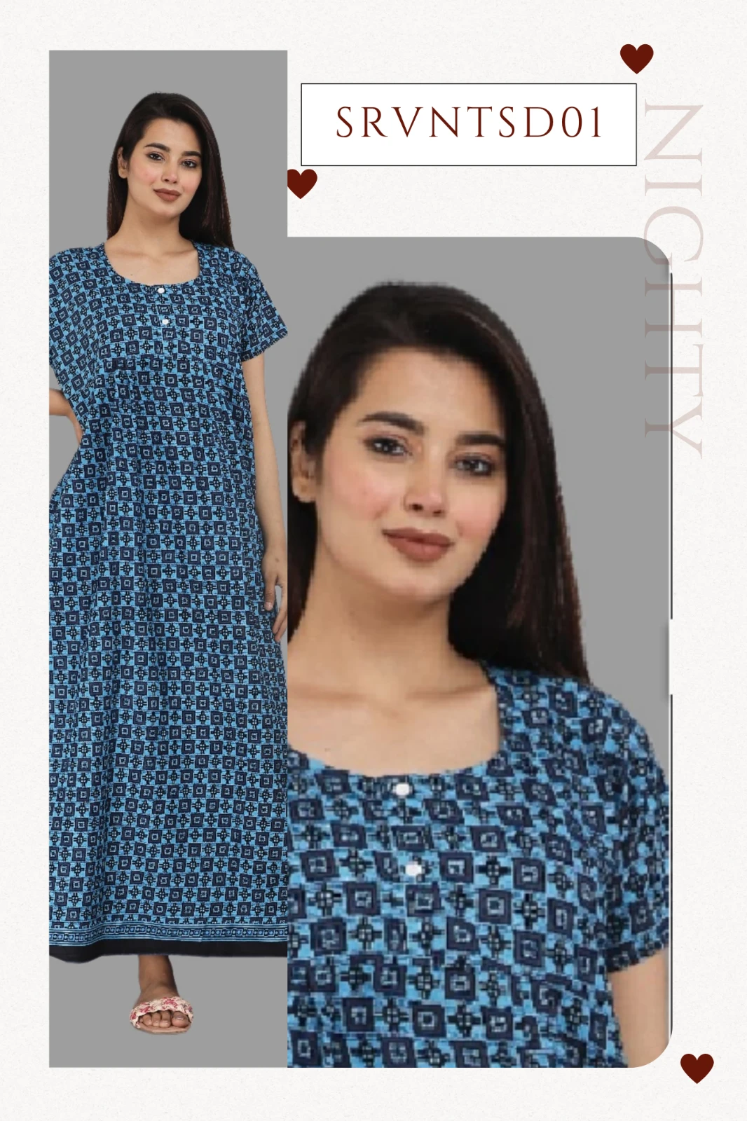 Women's Blue Printed Nighty Maxi Dress