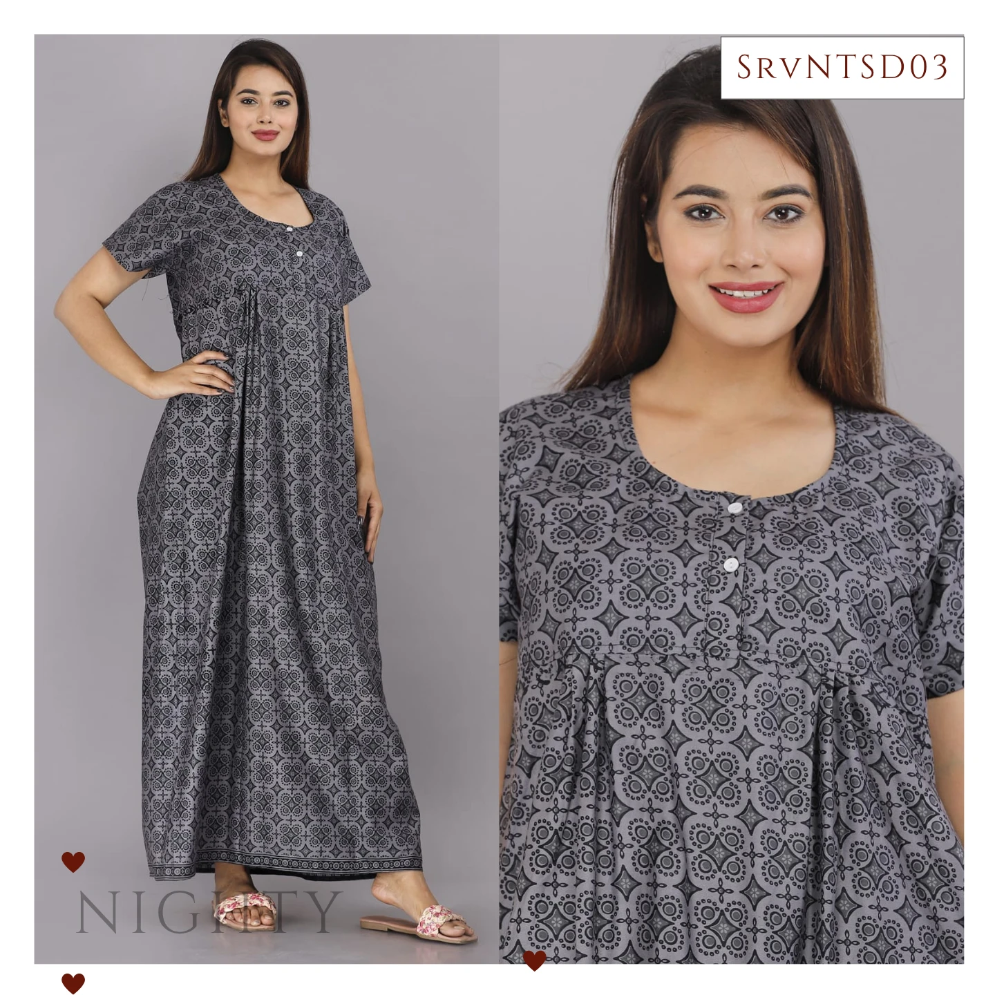 Women’s Grey Printed Maxi Nighty with Short Sleeves