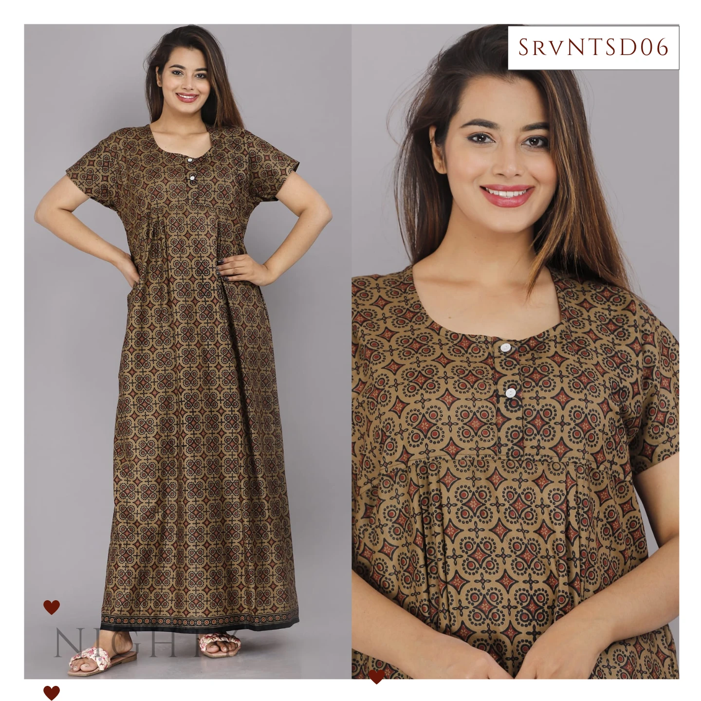 Women’s Deep Sage Printed Maxi Nightdress with Short Sleeves