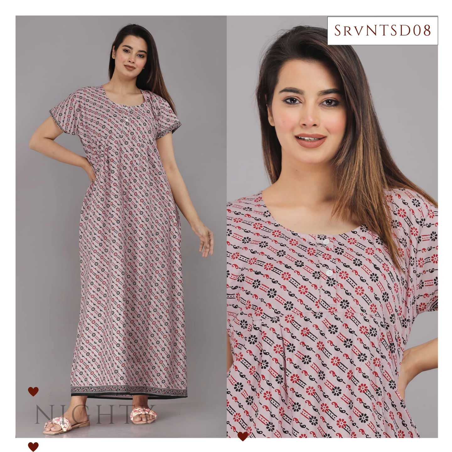 Women’s Pastel Pink Printed Cotton Nighty with Short Sleeves