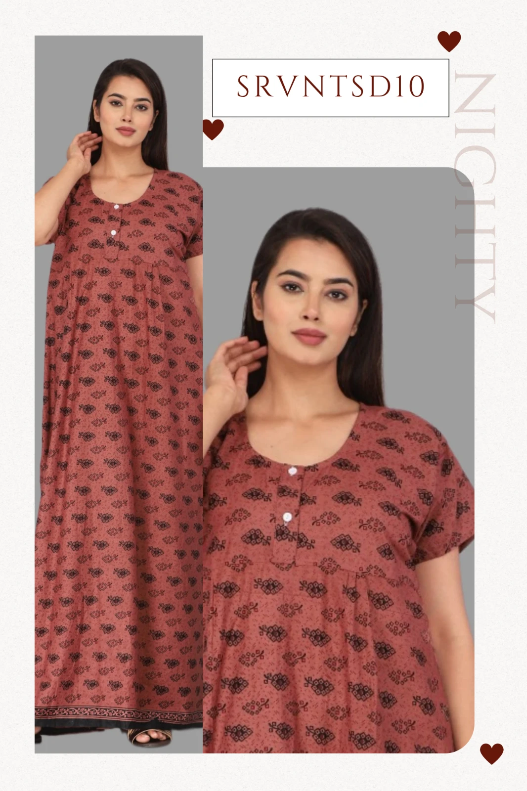 Women’s Rust Printed Short Sleeve Nighty Maxi Nightdress