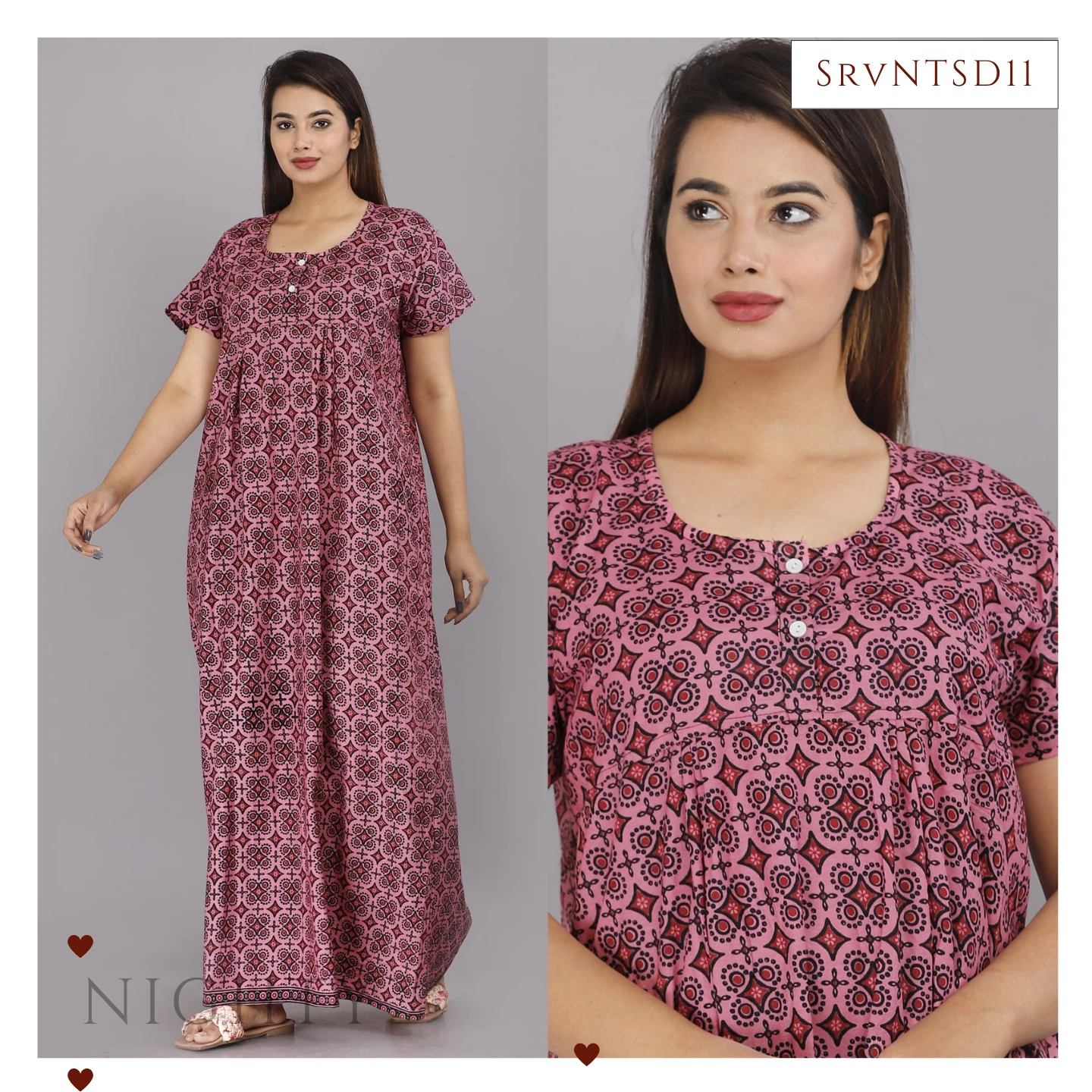 Women's Pink Printed Maxi Nighty Dress