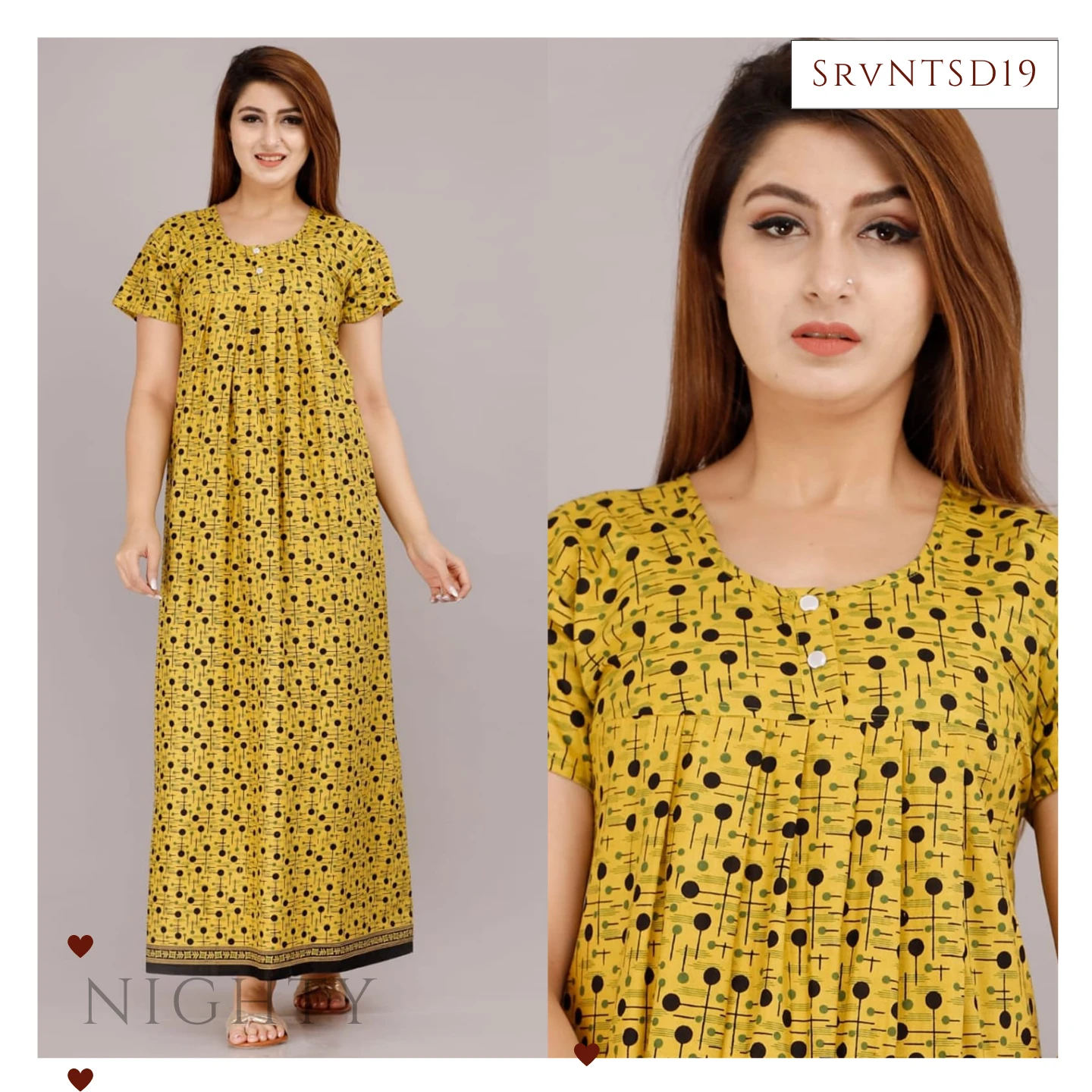 Women's Mustard Printed Maxi Nighty