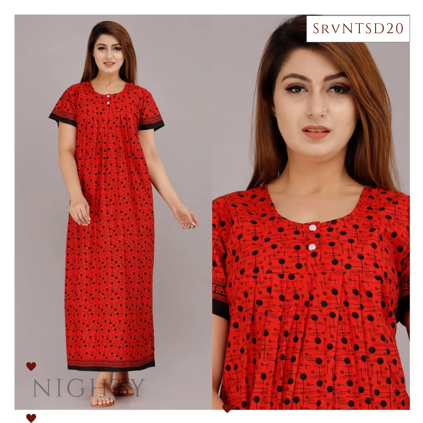 Women's Red Printed Full-Length Nighty