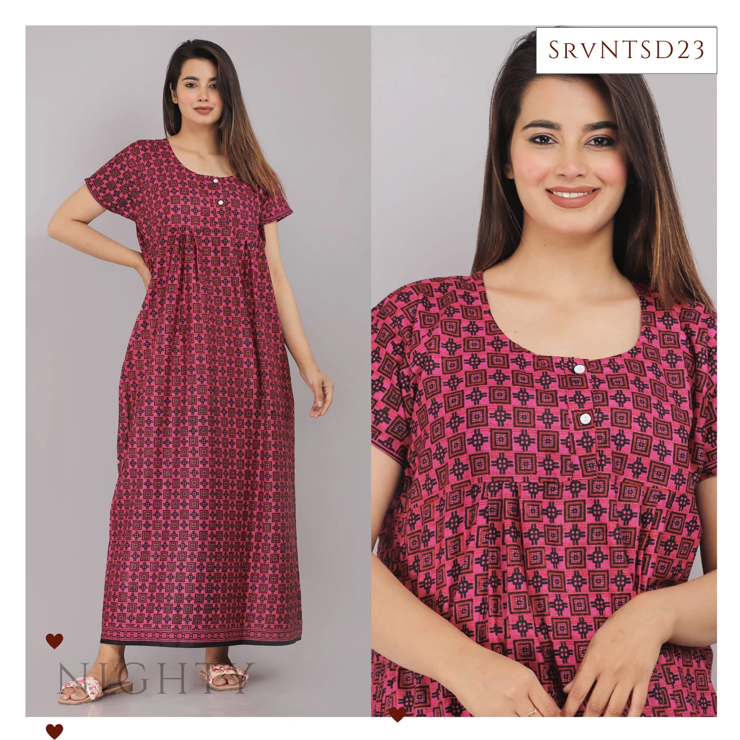 Women's Dark Pink Printed Nighty Maxi Nightdress