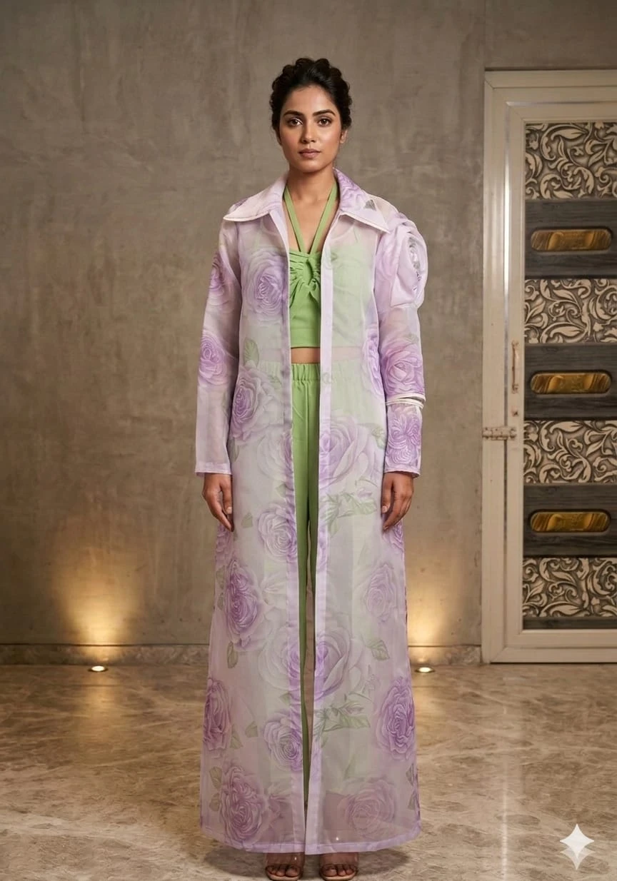 Women’s Sheer Floral Longline Overlay Jacket with Green Co-ord Set