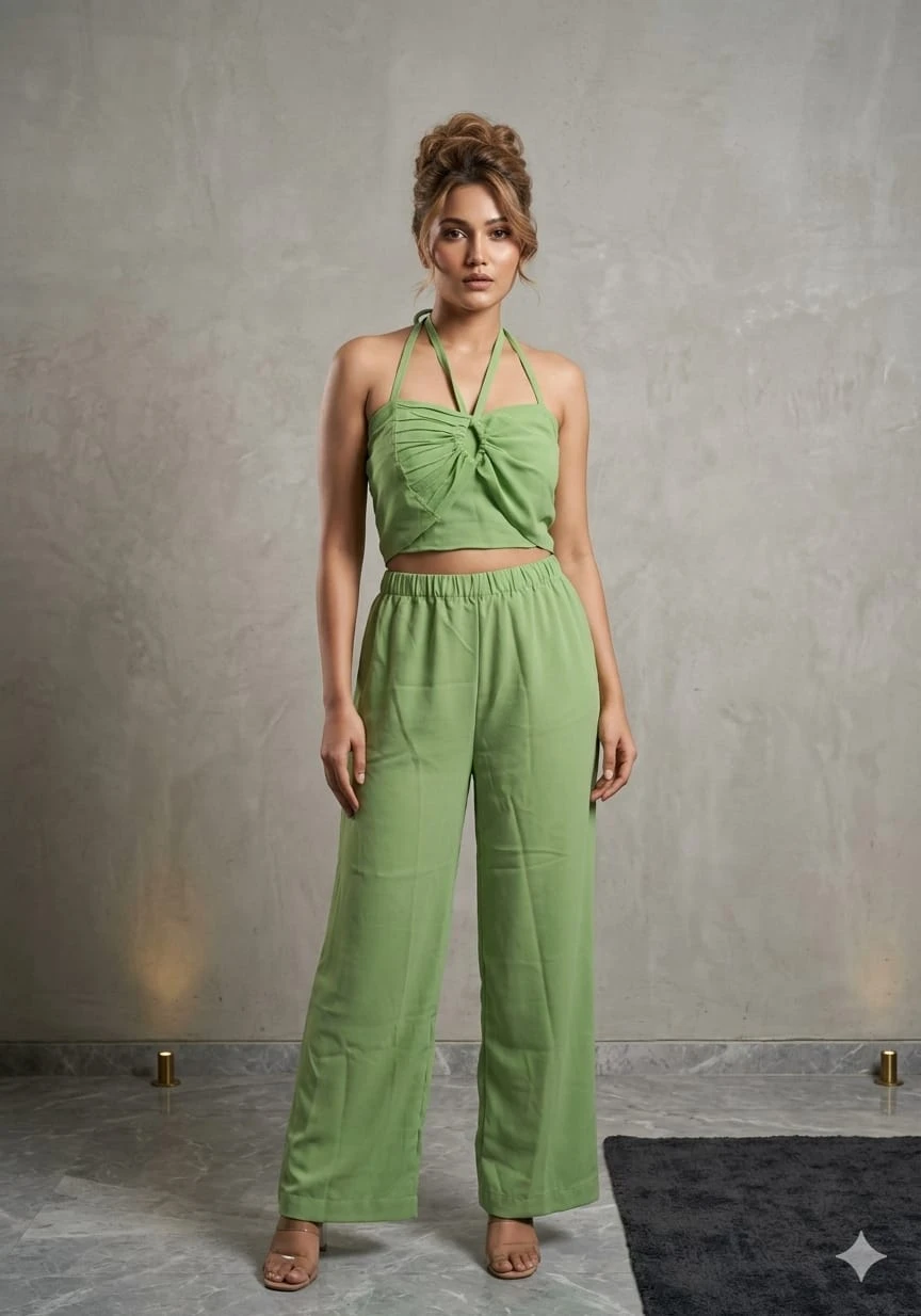 Women's Green Halter Neck Co-ord Set with Wide-Leg Pants