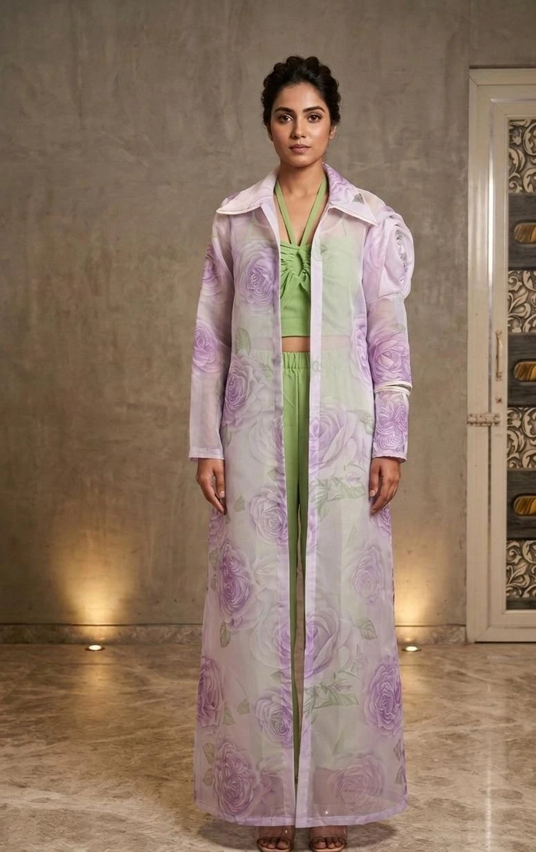 Women’s Sheer Floral Longline Overlay Jacket with Green Co-ord Set view 2