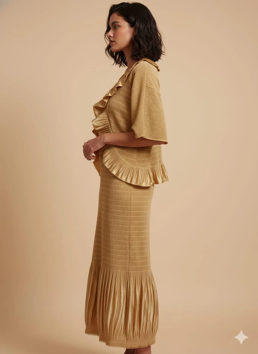 Woman wearing a gold textured midi dress with ruffled V-neck and hem detail