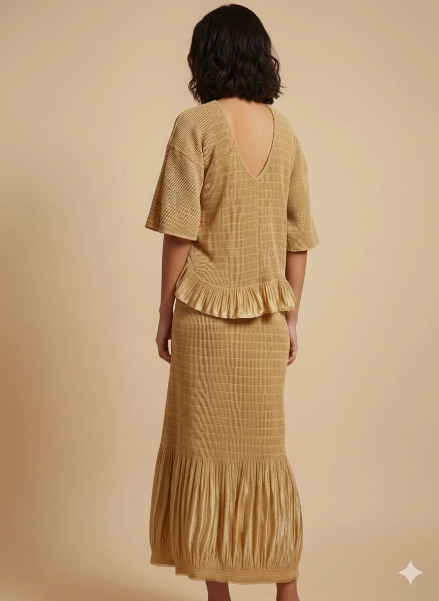 Woman wearing a gold textured midi dress with ruffled V-neck and hem detail