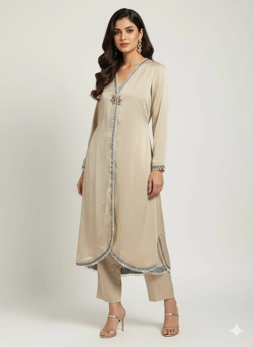 Women's Beige V-Neck Embellished Kurta with Straight Pants Set