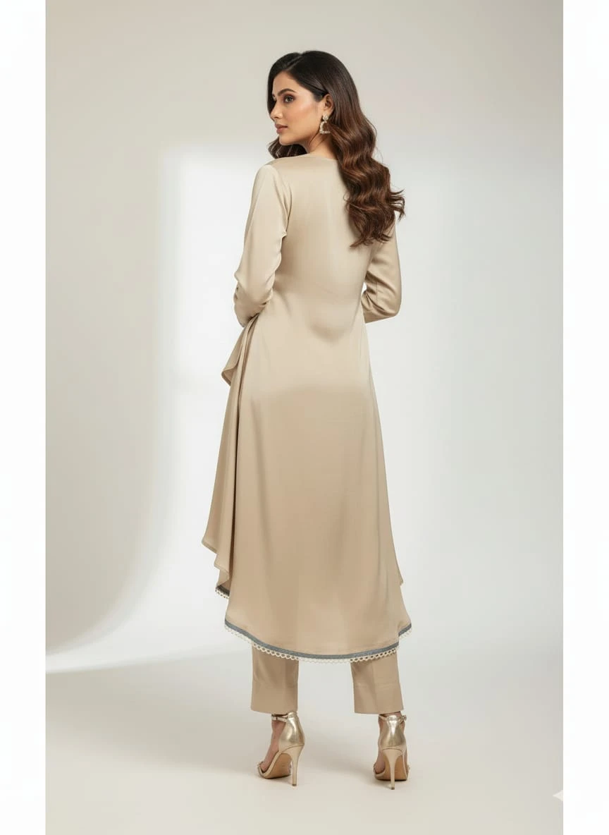 Woman wearing a beige V-neck embellished kurta with matching straight pants and heels