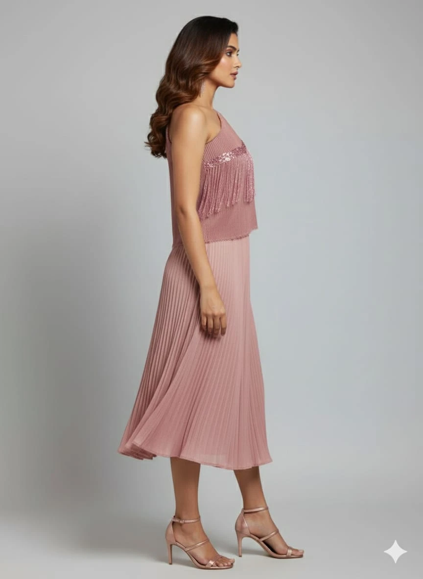 Women's Dusty Pink Pleated One-Shoulder Midi Dress