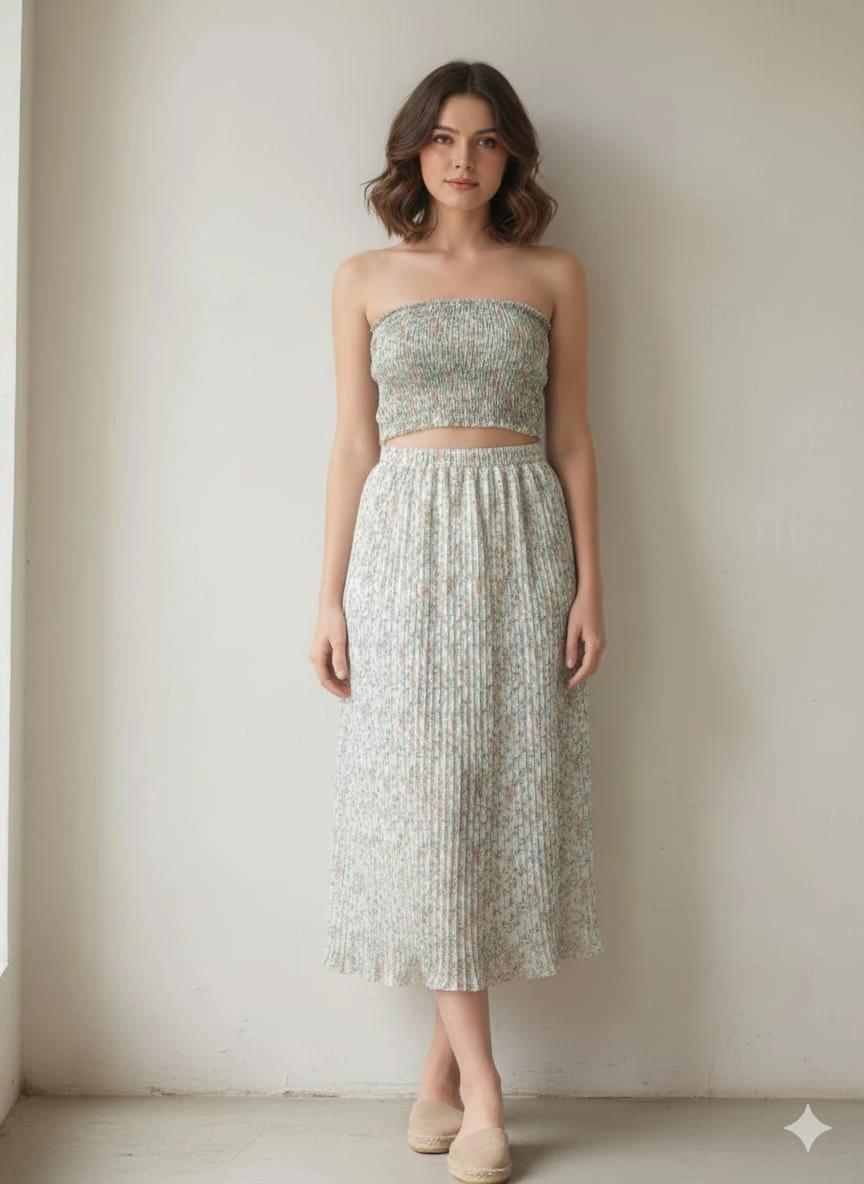 Women's Floral Strapless Crop Top & Pleated Midi Skirt Co-ord Set