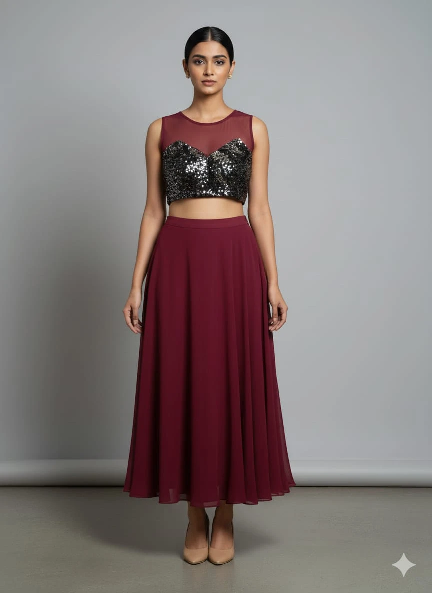 Women's Maroon Sequinned Crop Top with Flared Maxi Skirt Set