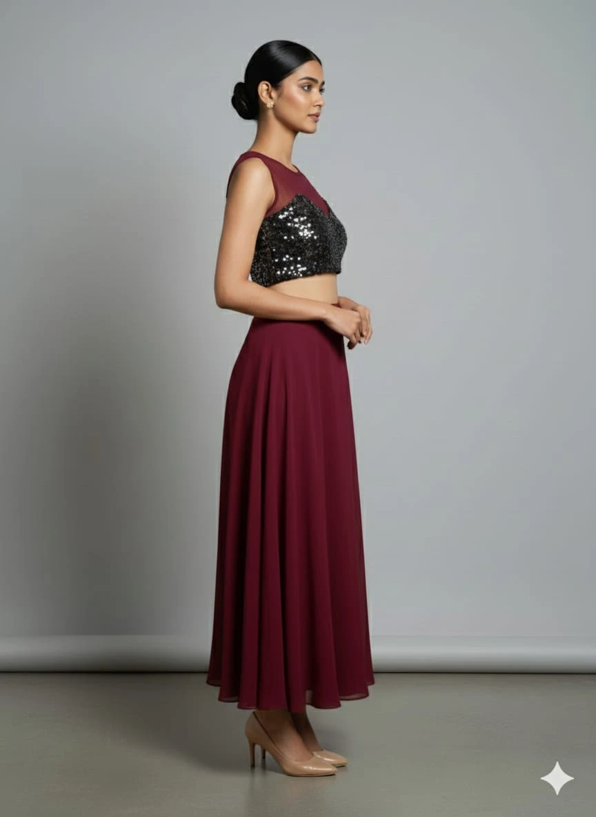 Woman wearing a maroon sequinned crop top with sheer yoke and matching flared maxi skirt