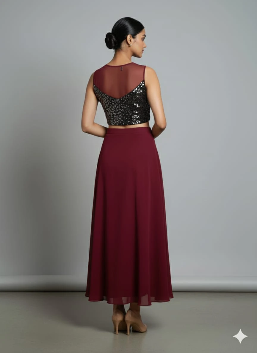 Woman wearing a maroon sequinned crop top with sheer yoke and matching flared maxi skirt