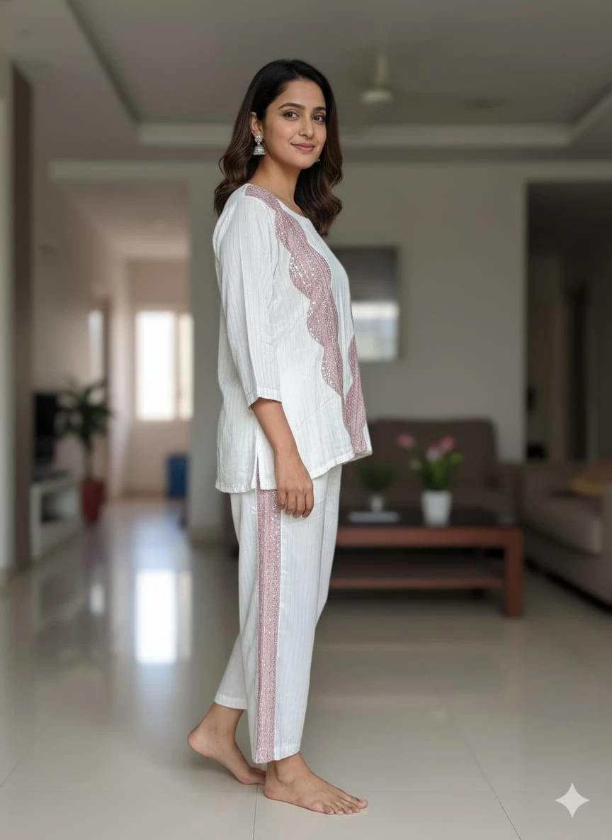 Women's White Embellished Lounge Co-ord Set
