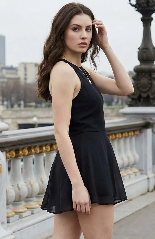 Woman wearing a black sleeveless halter peplum top with light blue denim shorts outdoors