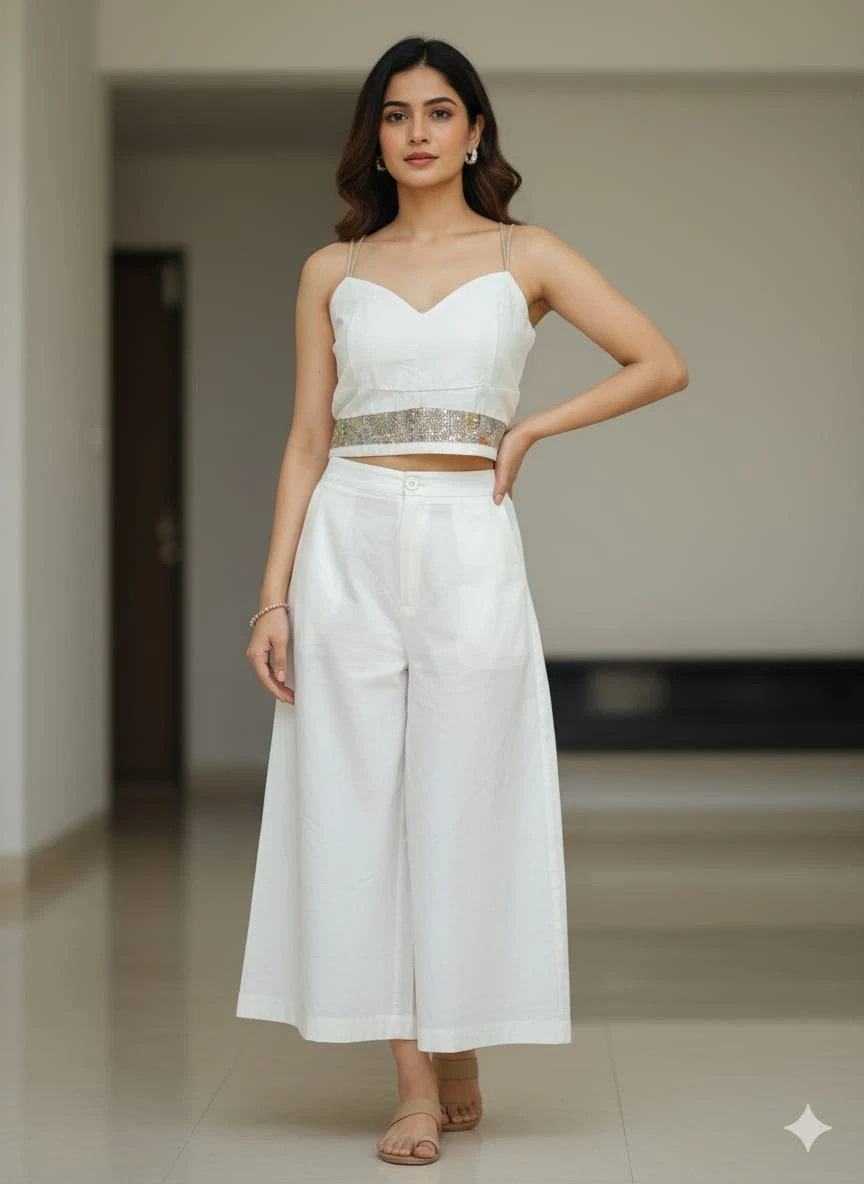 Women's White Floral Textured Crop Top & Wide-Leg Pants Co-ord Set view 3