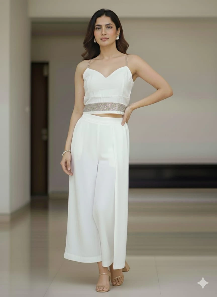 Women's White Floral Textured Crop Top & Wide-Leg Pants Co-ord Set view 4