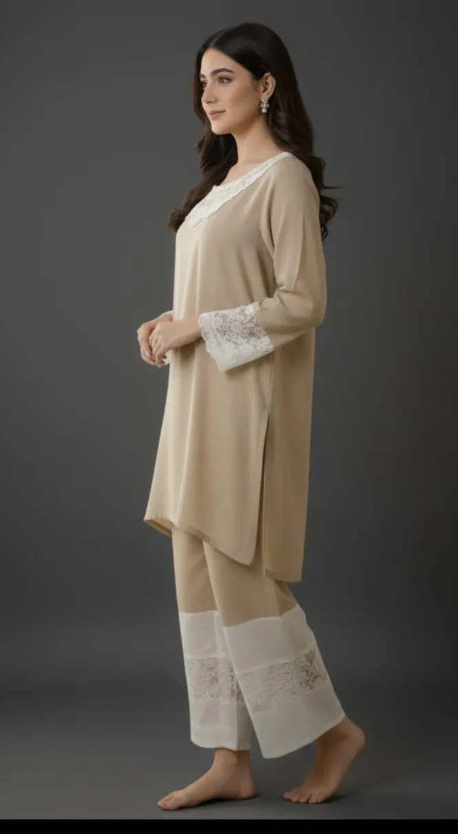 Women’s Beige Lace Detail Kurta with Palazzo Set view 2