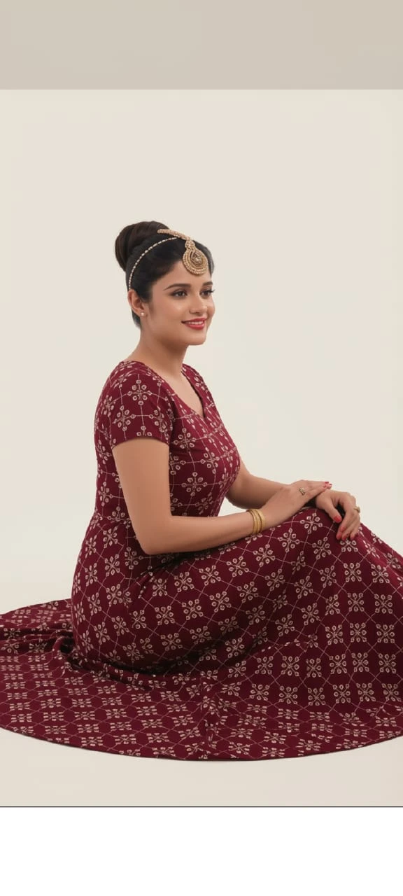 Girls Maroon Printed Ethnic Gown Dress view 2