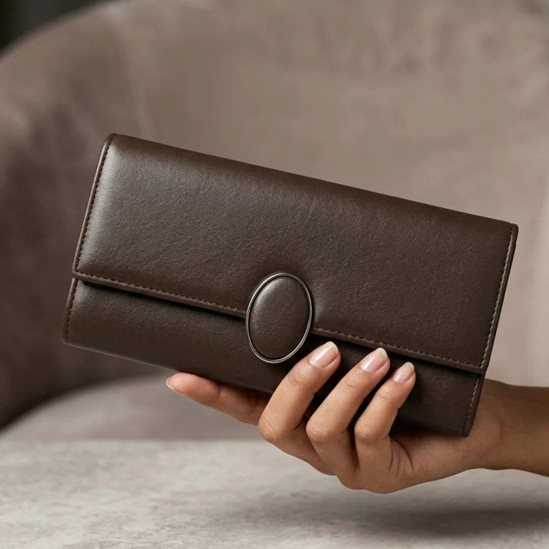 Women’s Brown Elegant Long Clutch Wallet | Stylish Flap Closure Hand Purse for Girls