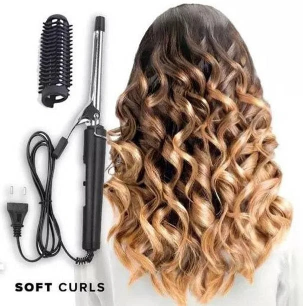Professional hair curling iron with cord, clamp barrel, comb attachments, and retail box