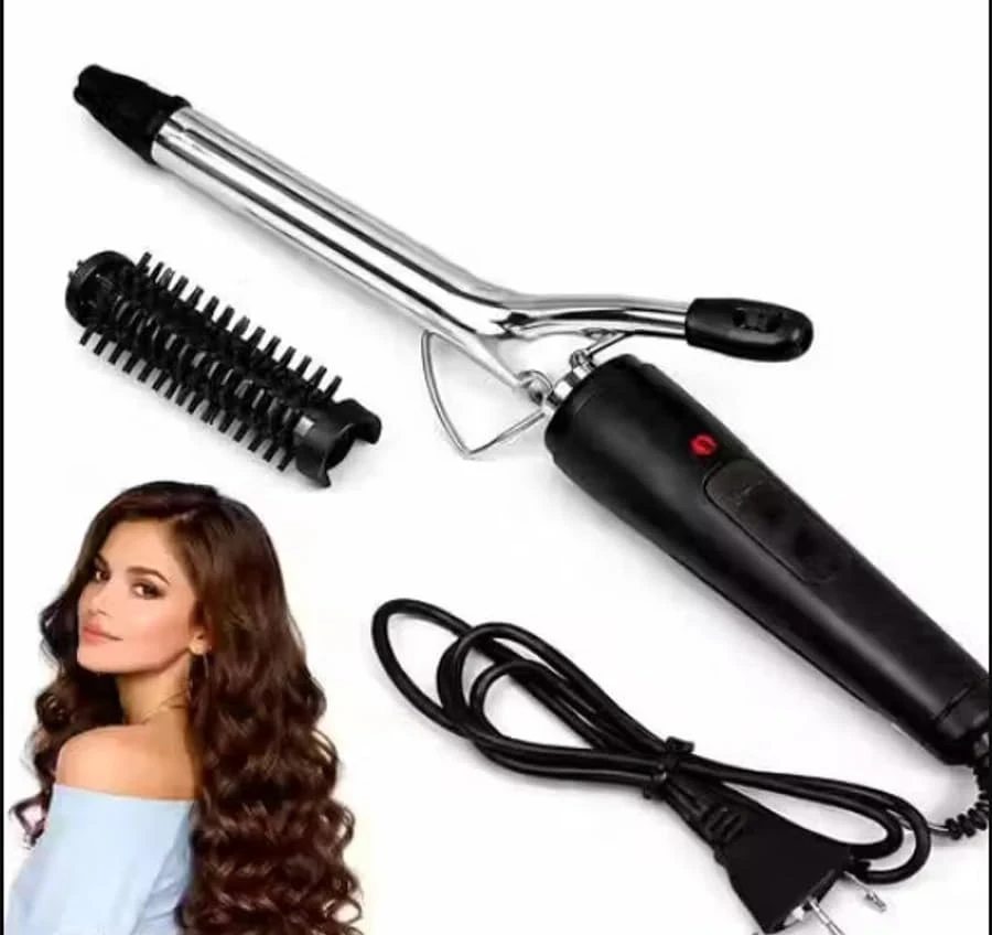 Professional hair curling iron with cord, clamp barrel, comb attachments, and retail box