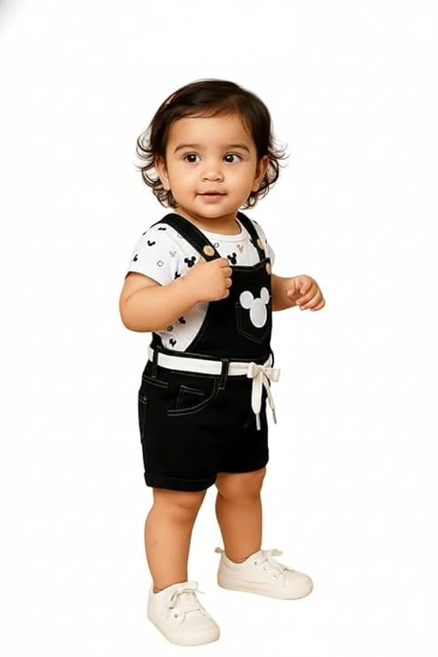Toddler wearing black dungaree romper with cartoon print over white printed T-shirt and white shoes