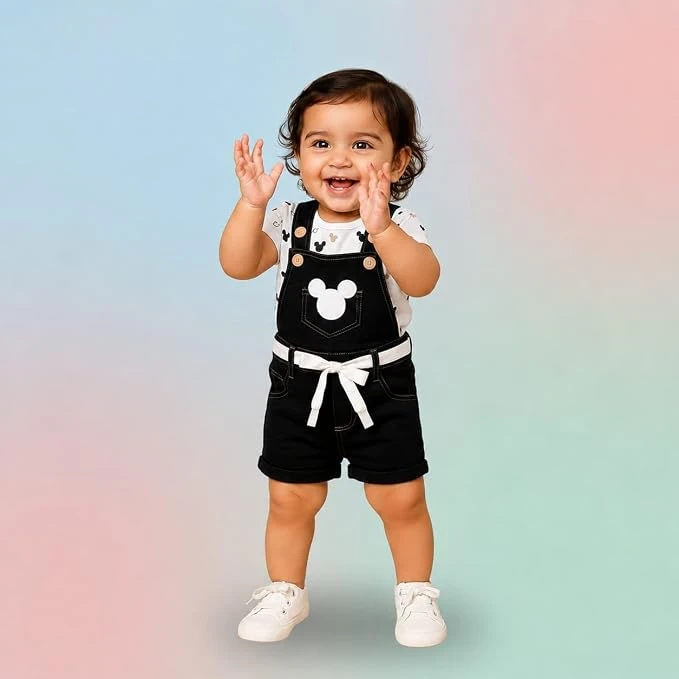 Toddler wearing black dungaree romper with cartoon print over white printed T-shirt and white shoes