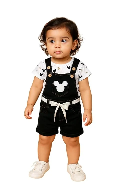 Baby Girls' Stylish Gallis Set | Black Summer Dungaree with Romper T-Shirt | Soft Fabric, Adjustable Straps