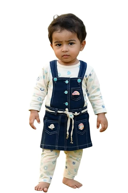 Baby Girls Denim Pinafore Dress with Full-Sleeve Printed Inner Set