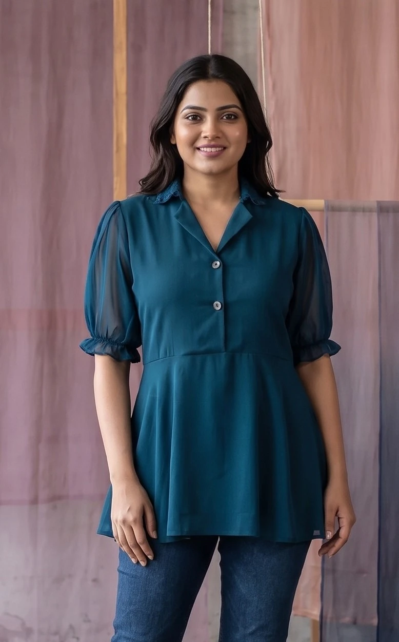 Woman wearing a teal collared tunic top with sheer puff sleeves and button detail over blue jeans