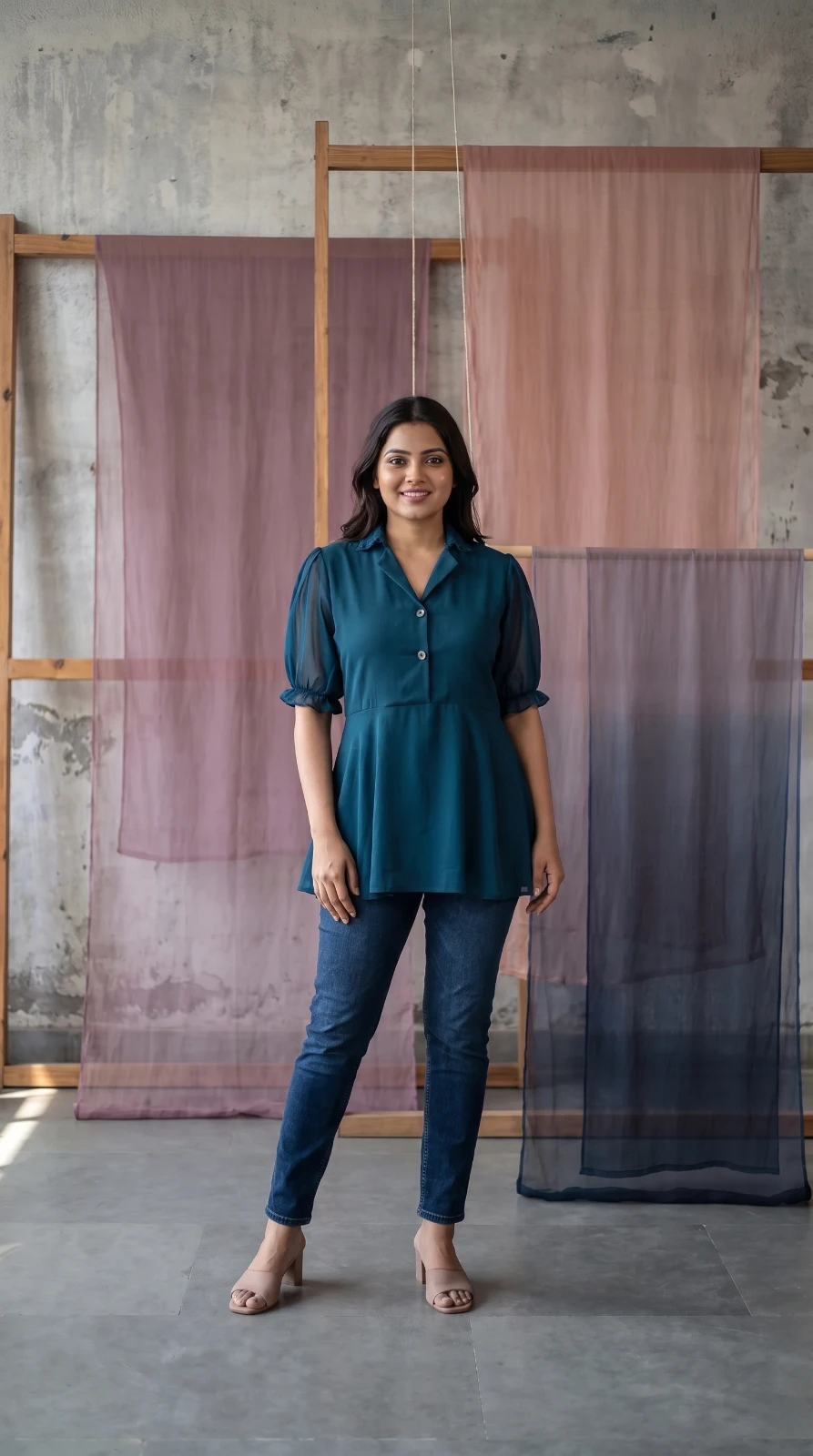 Woman wearing a teal collared tunic top with sheer puff sleeves and button detail over blue jeans