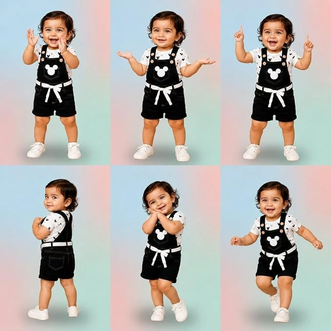 Toddler wearing black dungaree romper with cartoon print over white printed T-shirt and white shoes