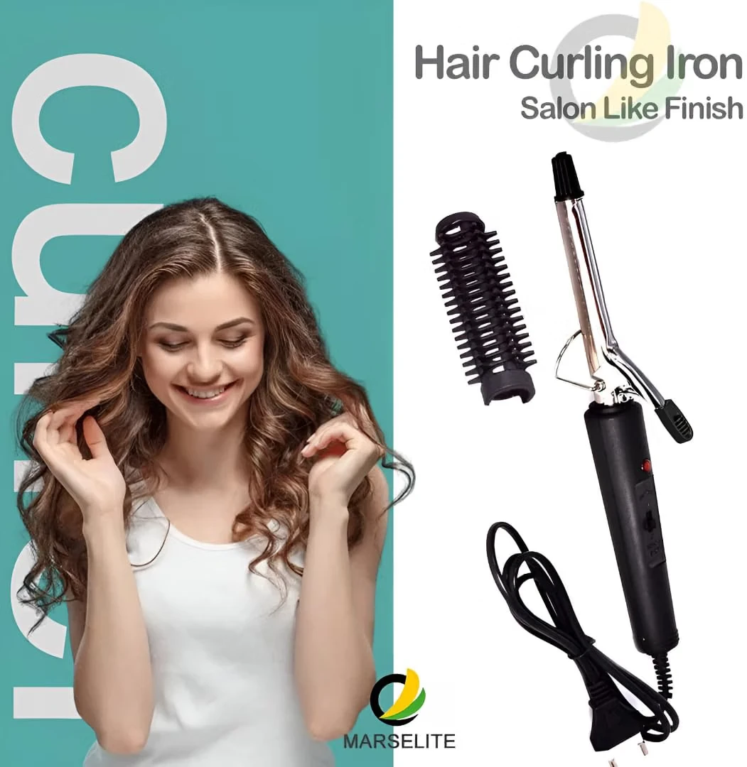 Professional hair curling iron with cord, clamp barrel, comb attachments, and retail box