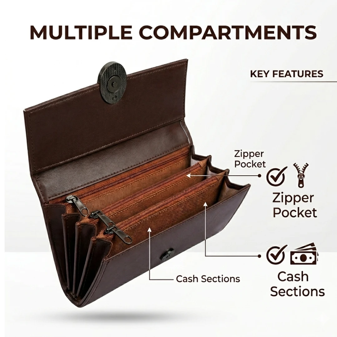 Stylish Brown Long Clutch for Women and Girls – Flap Closure Hand Purse