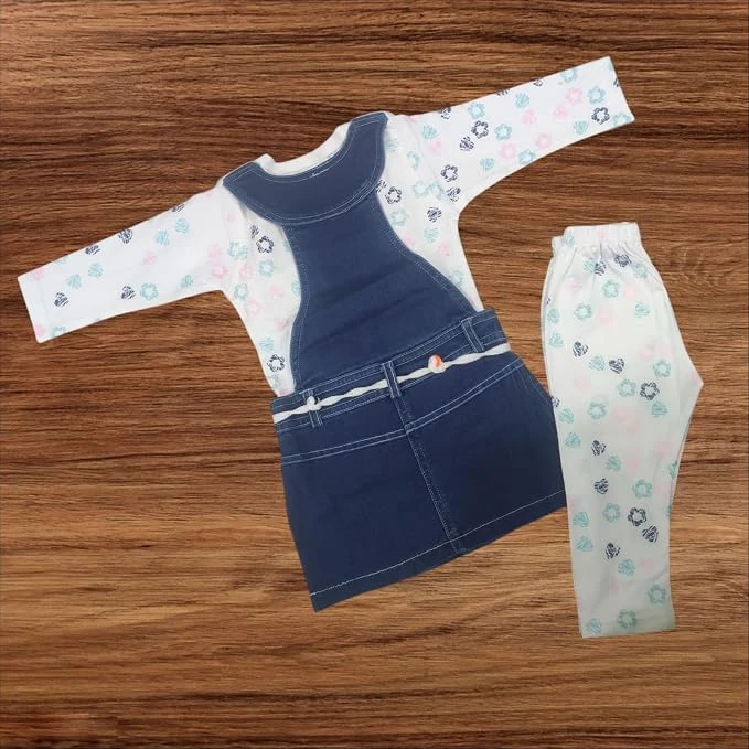 Baby Girls Denim Pinafore Dress with Full-Sleeve Printed Inner Set view 3