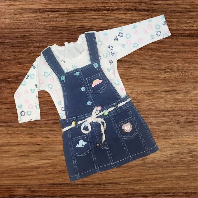 Baby Girls Denim Pinafore Dress with Full-Sleeve Printed Inner Set view 2