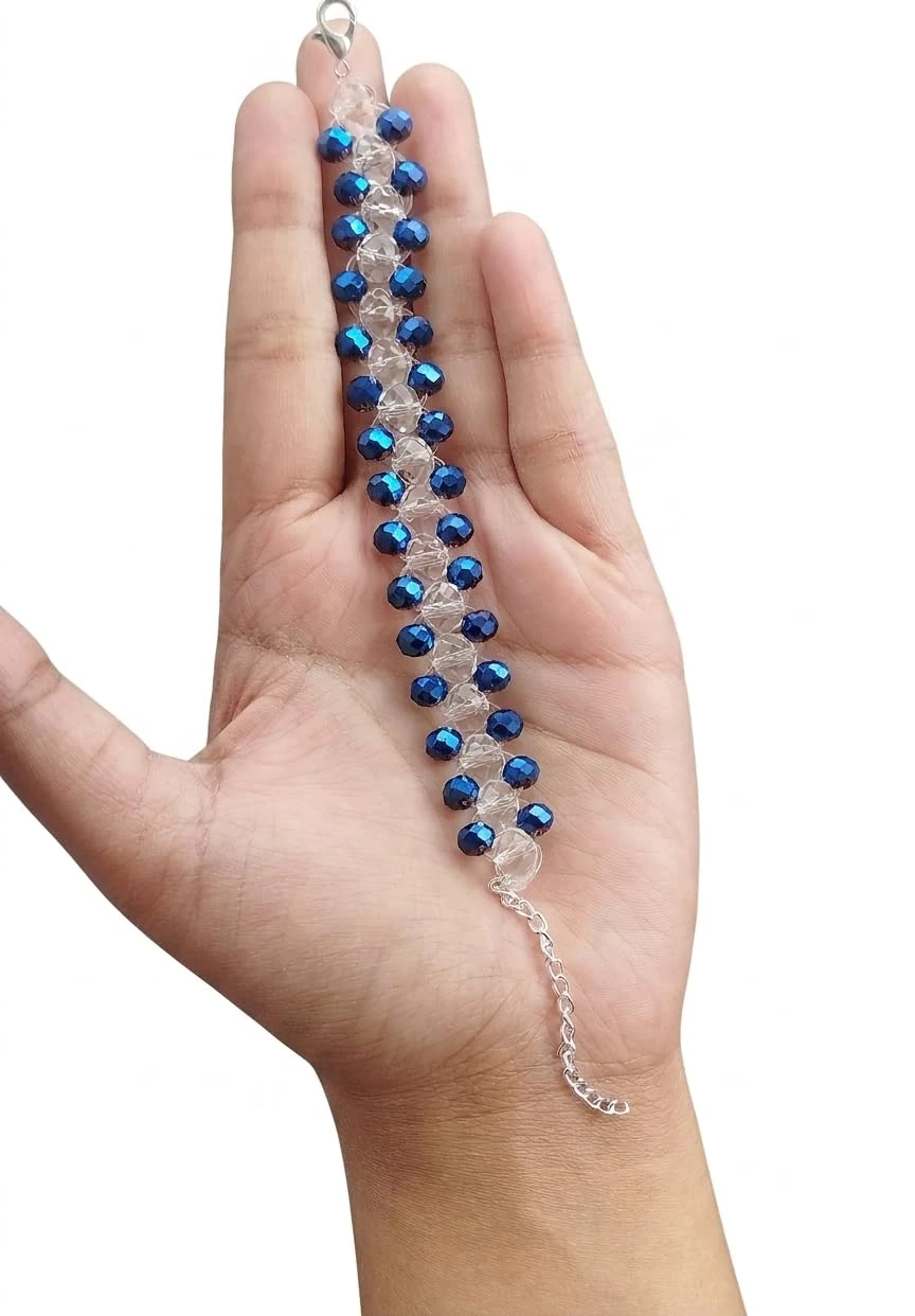 Handmade Dual Tone Crystal Cut Sea Green Criss- Cross Beaded Bracelet with adjustable Elastic Thread view 3