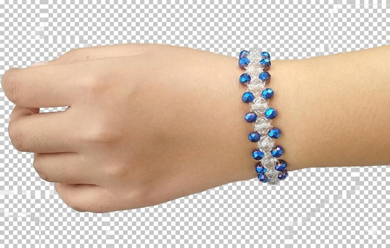 Handmade Dual Tone Crystal Cut Sea Green Criss- Cross Beaded Bracelet with adjustable Elastic Thread view 4