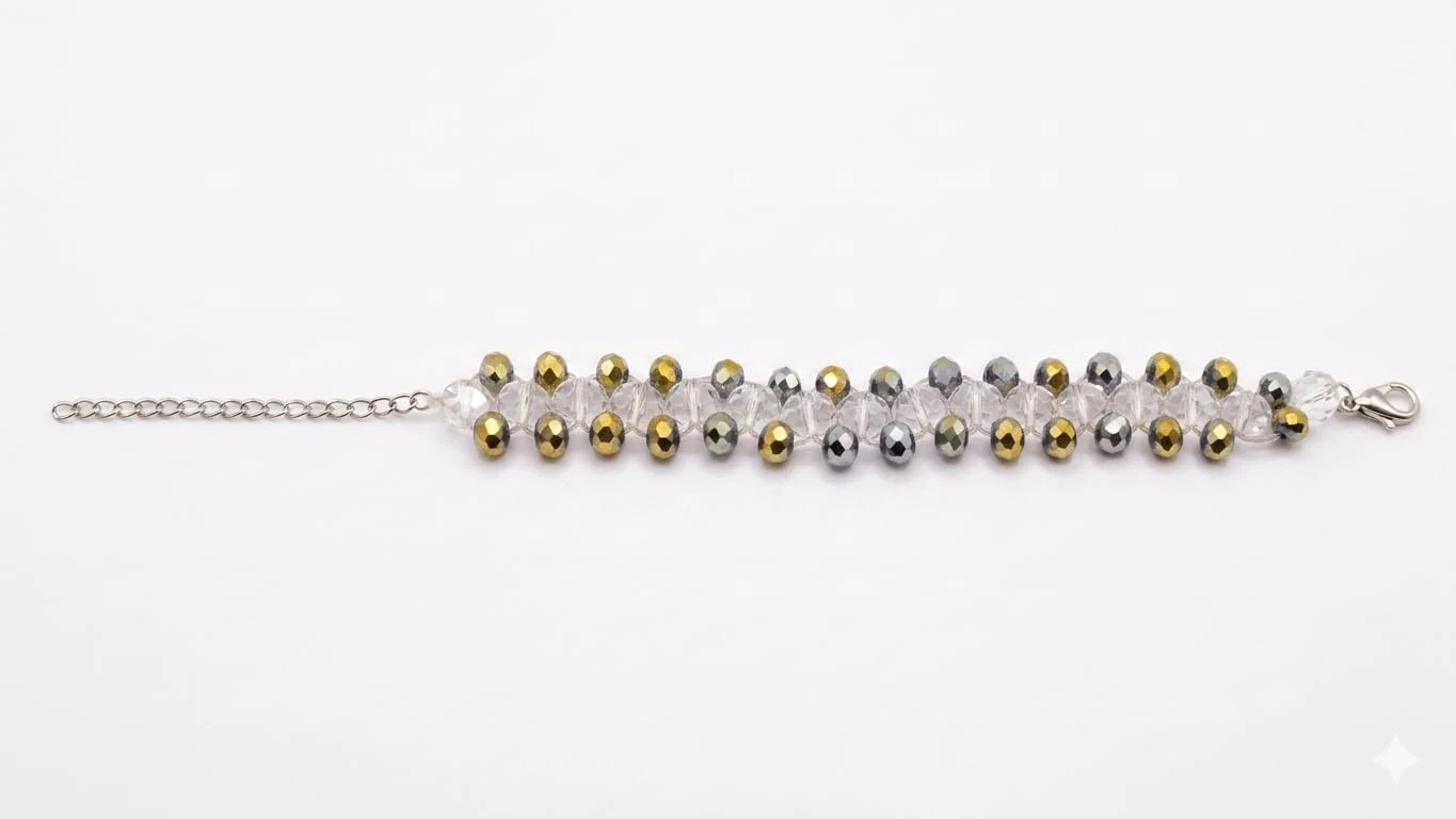 Handmade Dual Tone Crystal Cut Sea Green Criss- Cross Beaded Bracelet with adjustable Elastic Thread view 2