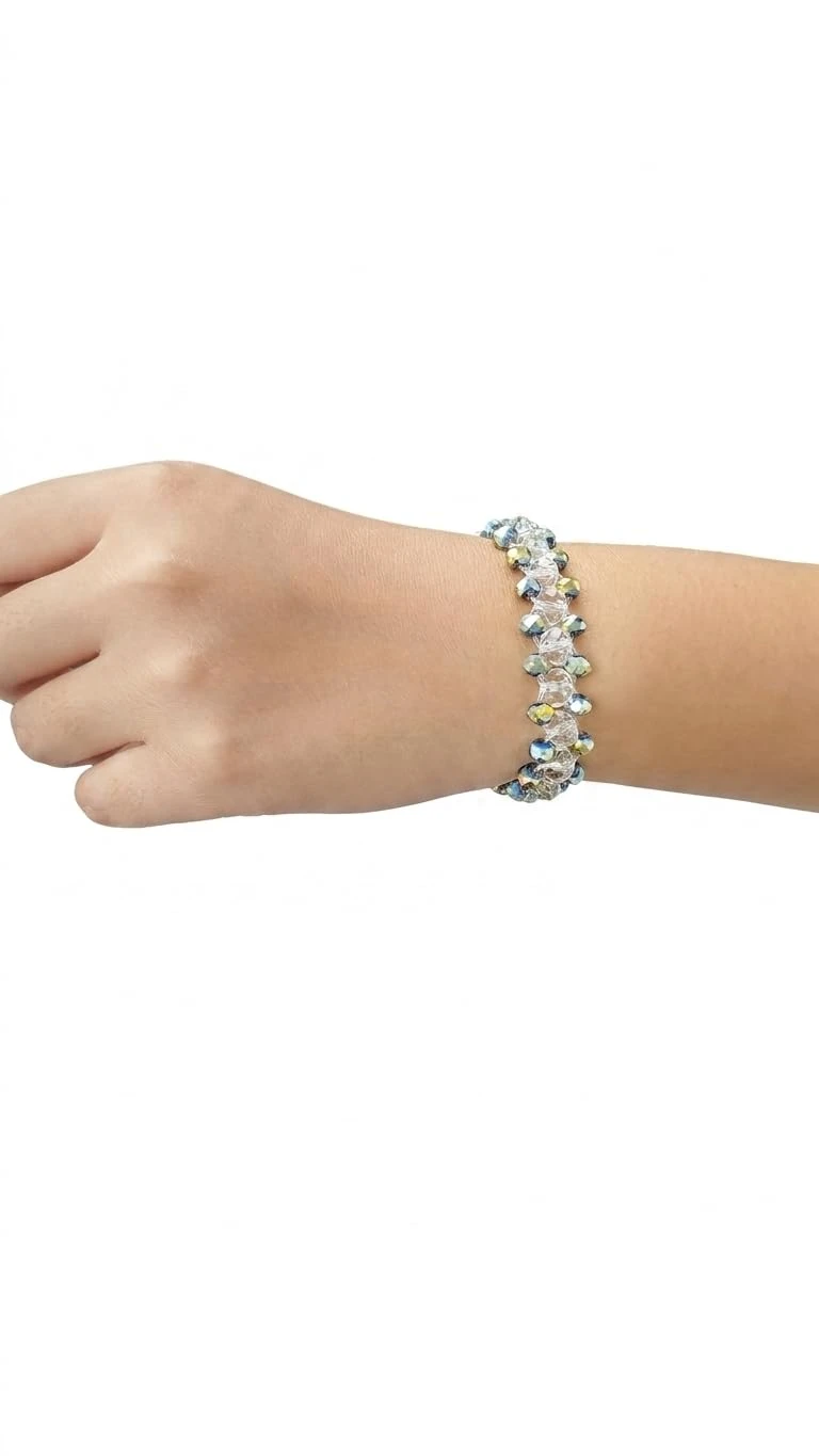 Handmade Dual Tone Crystal Cut Sea Green Criss- Cross Beaded Bracelet with adjustable Elastic Thread view 4